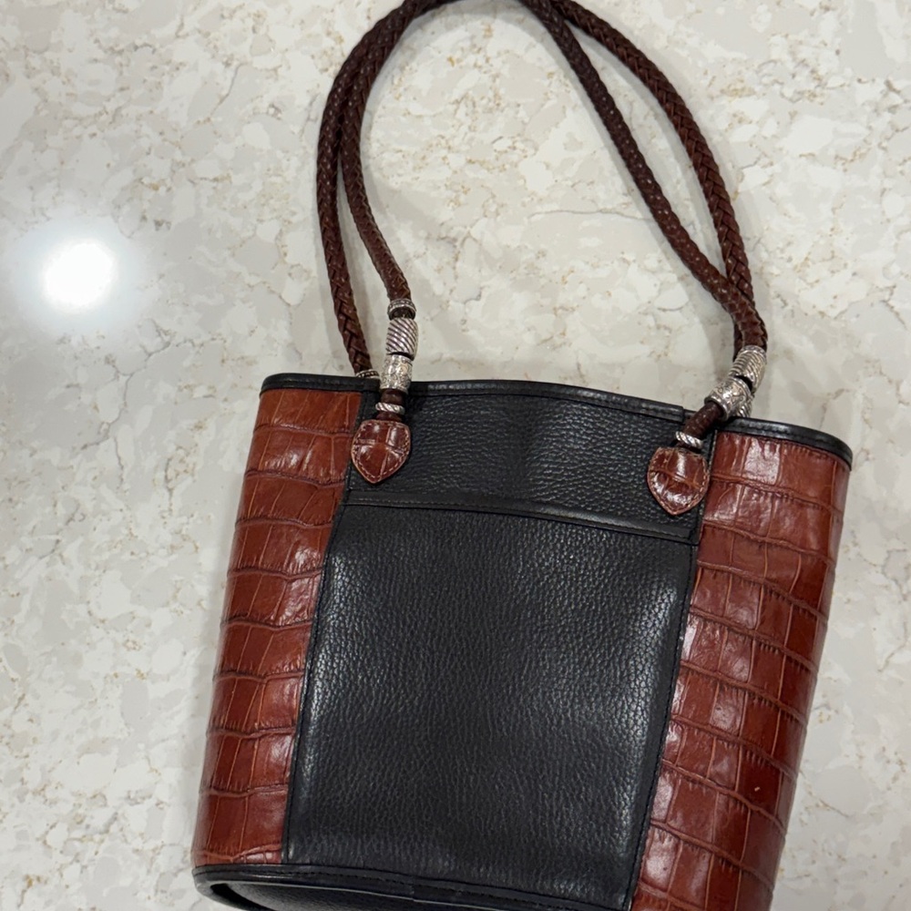 Brighton Caroline Bucket Purse Handbag Tote Black Leather Brown Croc & Dust Bag - Picture 6 of 10